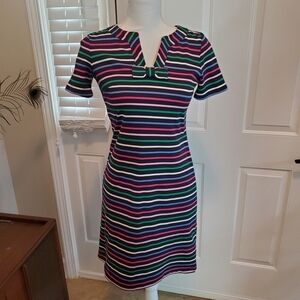 Talbots dress Womens P XS Stripes Colorful Blue Bow‎ Neck Stretchy Shift